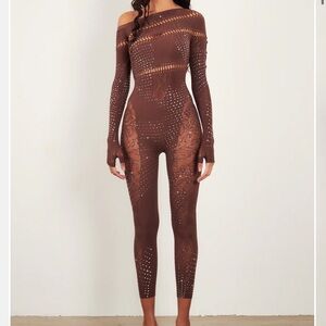 Poster Girl: Ivy Long Rhinestone Jumpsuit Old Money Brown